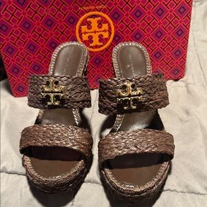 Tory Burch Brown Woven Slides with Gold Accent